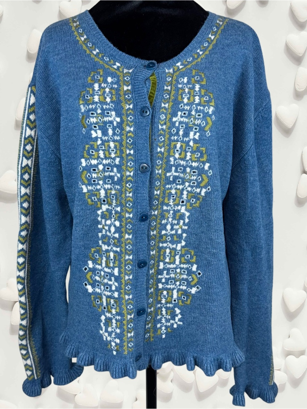 Sundance Blue Embroidered Ruffle Cardigan Sweater Boho Cottagecore - Picture 13 of 14